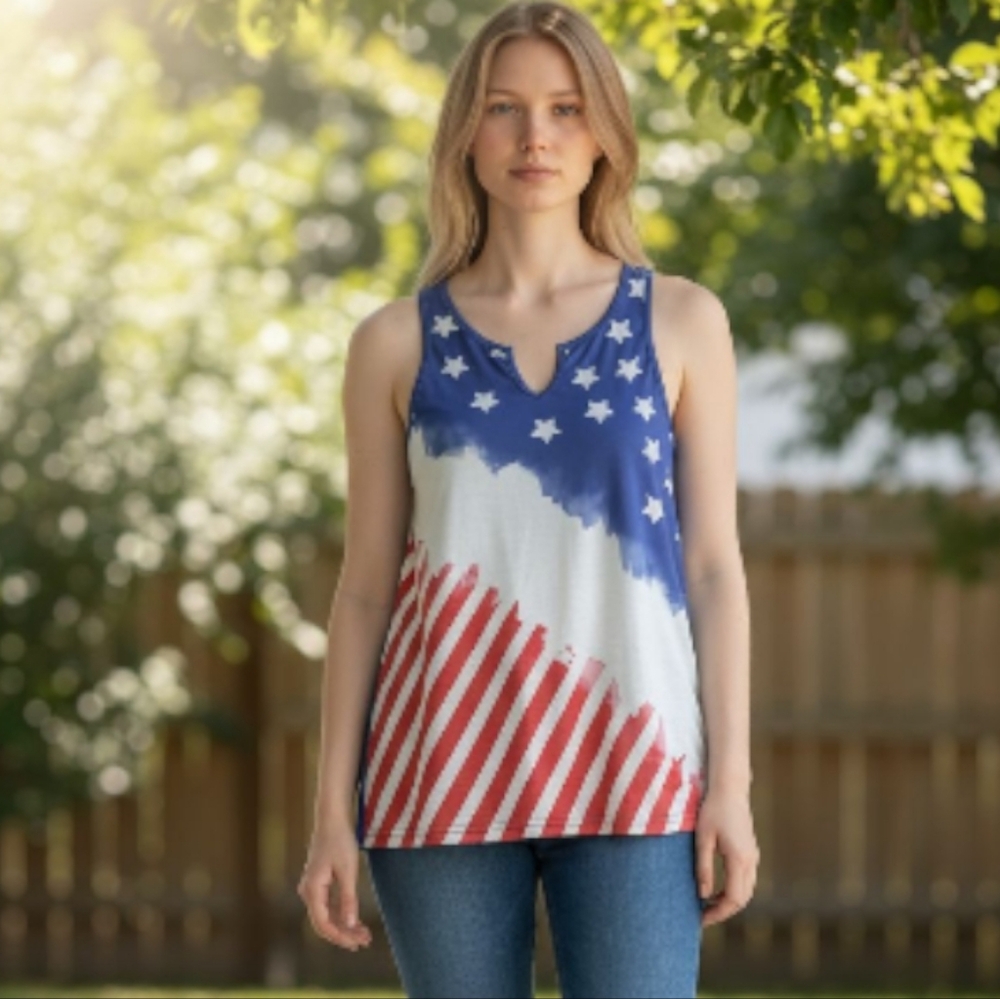 EUC Patriotic Size Large Red White & Blue American Flag Tank Top!